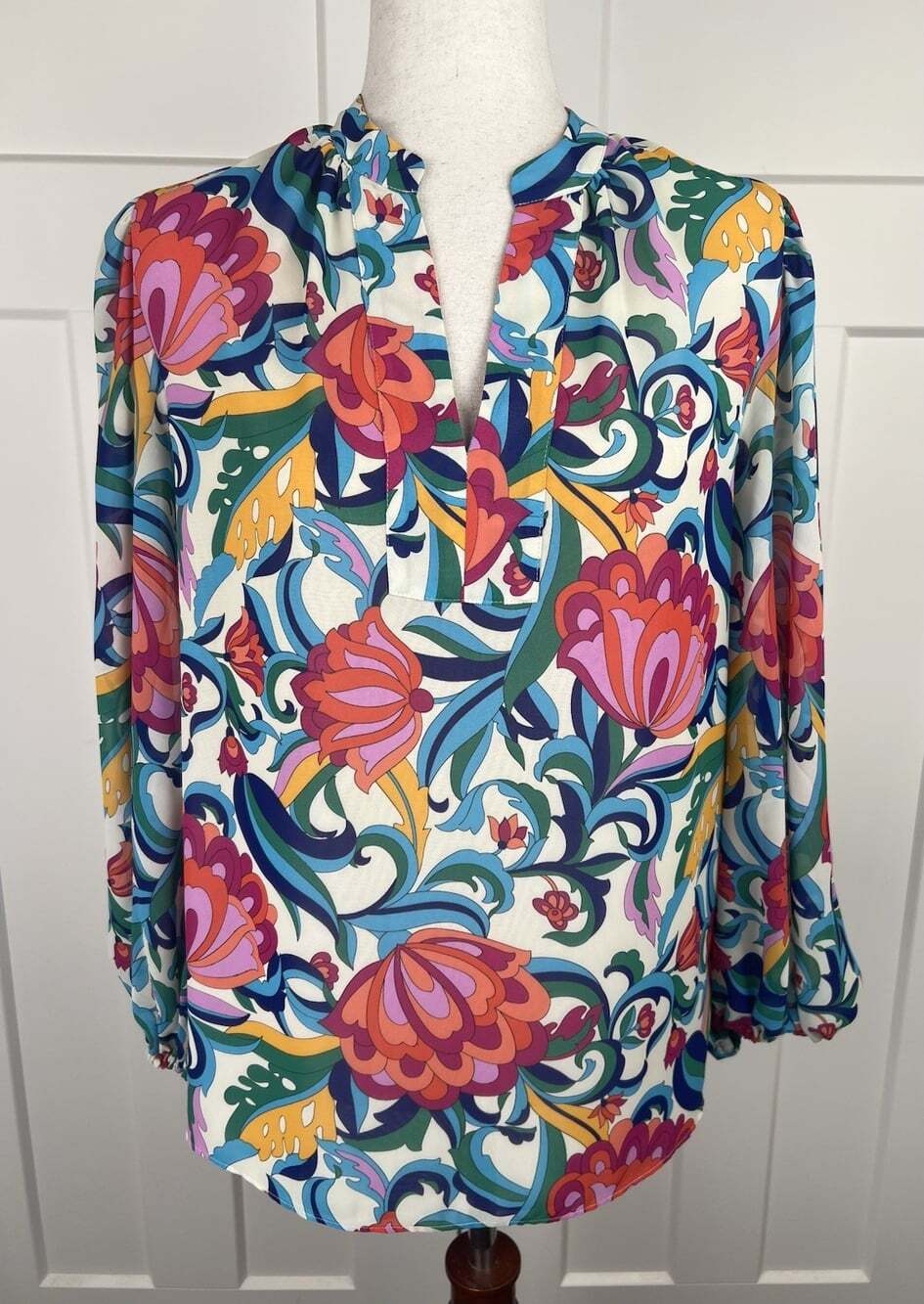 Trina Turk Floral Blouse Colorful Puff Sleeve Tunic Top Multicolor Gorgeous